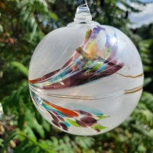 Hanging Glass Ball 4 Inch Diameter White with Multicolored Swoosh #161000